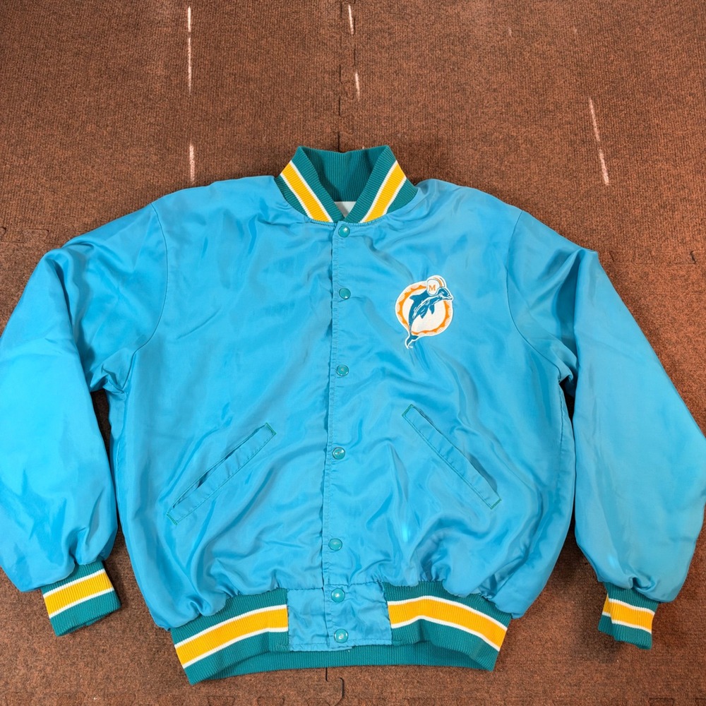 DeLONG Miami Dolphins NFL Jacket Mens Large Aqua Blue Vintage Bomber Varsity USA